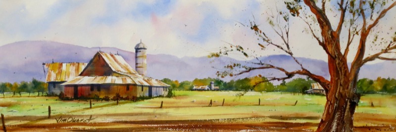 landscape, farm, barn, country, field, silo, tree, valley, original watercolor painting, oberst